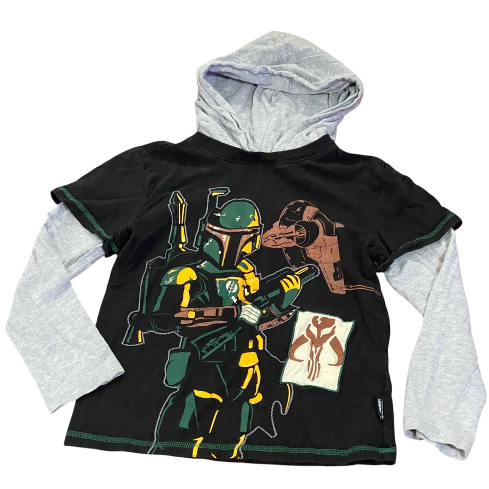 Kids Disney Store Boba Fett Size 7/8 Hoodie Black Gray Long Sleeve Graphic Shirt